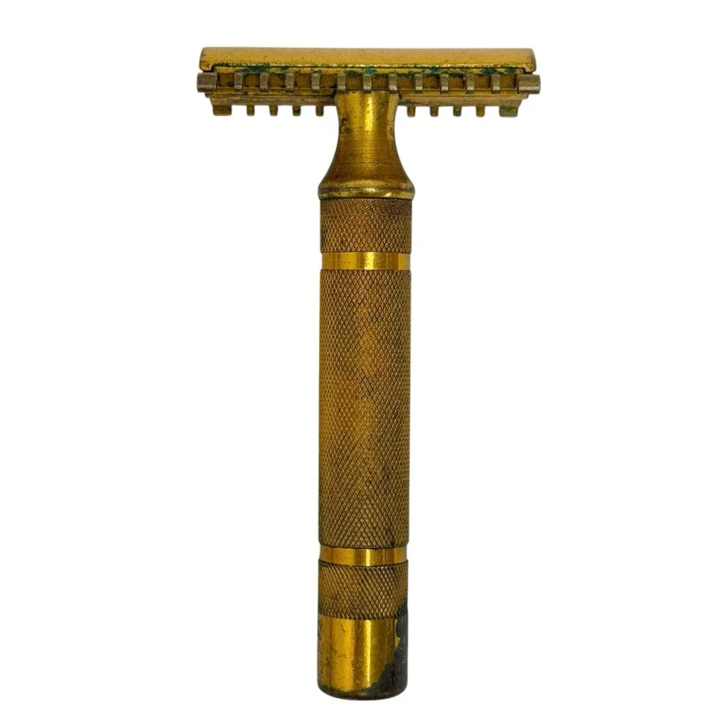 Vintage 1930s Gillette Safety Razor Gold Tone Fat Handle Comb 3-Piece USA